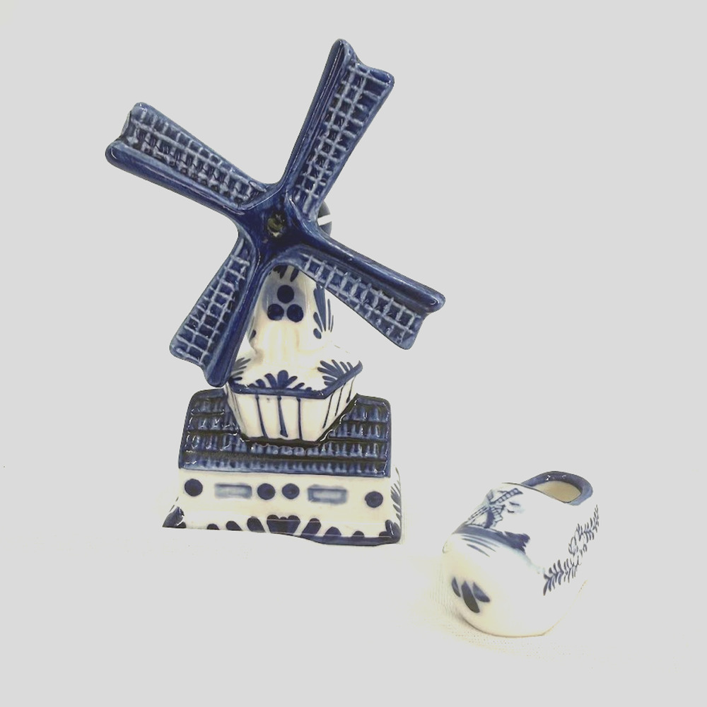 Holland Hand Painted Windmill Dutch Shoe Delft Style Blue White Ceramic Set